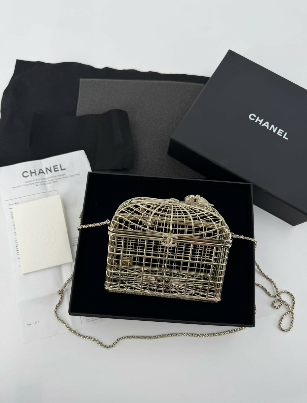 Chanel 2025 Rhinestone and Metal Embellishments Light Gold Birdcage Minaudière Bag