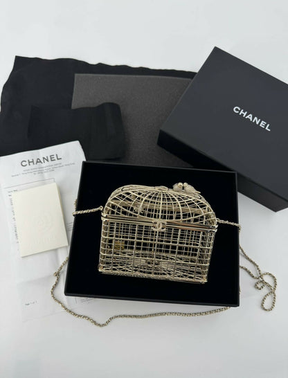 Chanel 2025 Rhinestone and Metal Embellishments Light Gold Birdcage Minaudière Bag