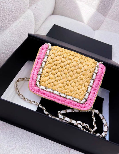 Rare Chanel 24C Mini Flap Bag Pink Raffia Effect Braid/Metal