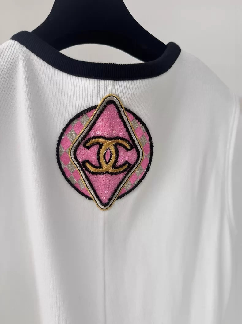 Chanel 23C white sequined embroidered badge jumpsuit