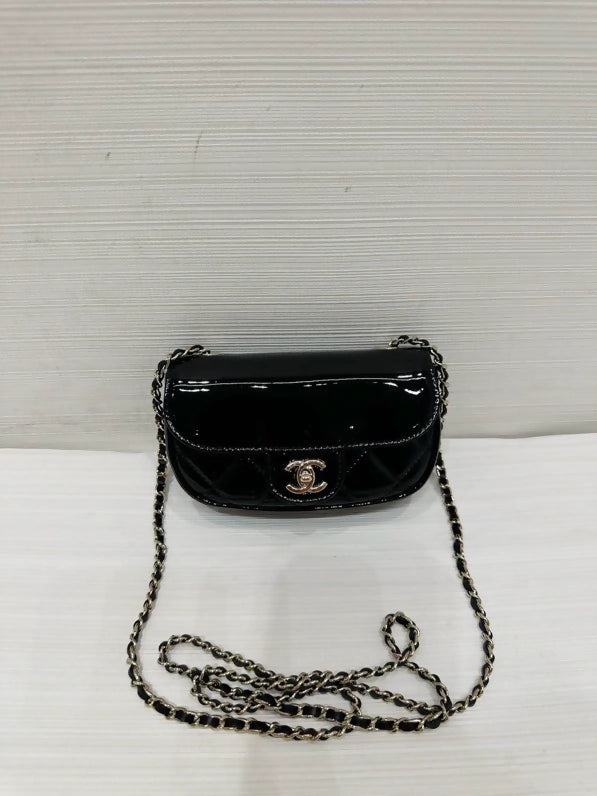 Chanel 25P black patent leather chain mini shoulder bag
