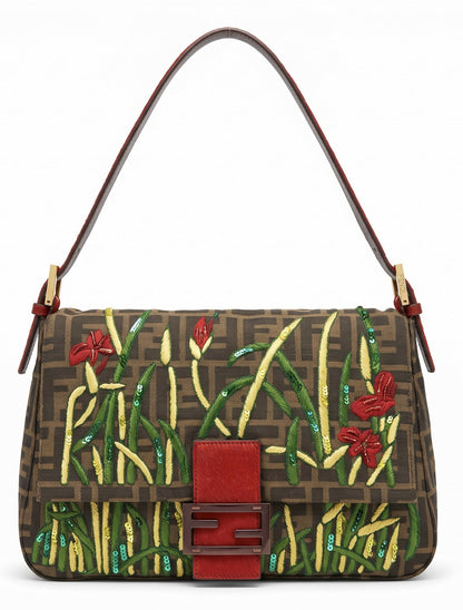 FENDI Garden Floral Embroidered Beaded Pony Hair Zucca FF Mamma Baguette Bag