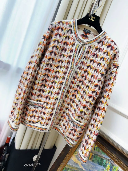 Chanel 23A brown, orange and white knitted cardigan