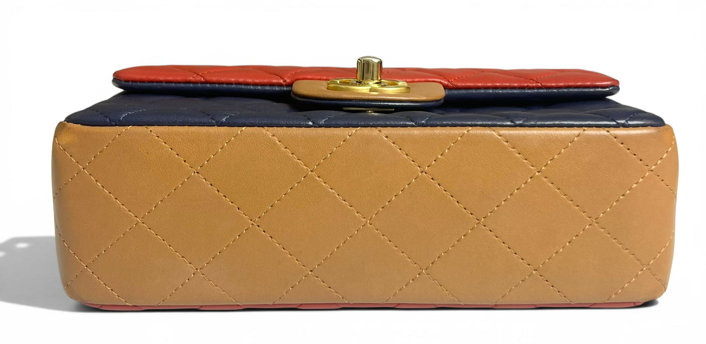 Rare Chanel 13A Edinburgh Tricolor Navy Red Caramel Quilted Lambskin Mini Classic Flap Bag GHW