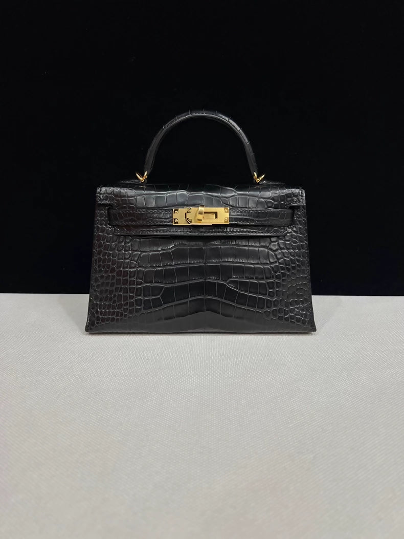 Hermes Mini Kelly 20 black matte alligator leather gold hardware