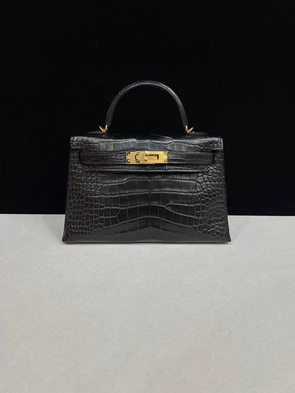 Hermes Mini Kelly 20 black matte alligator leather gold hardware