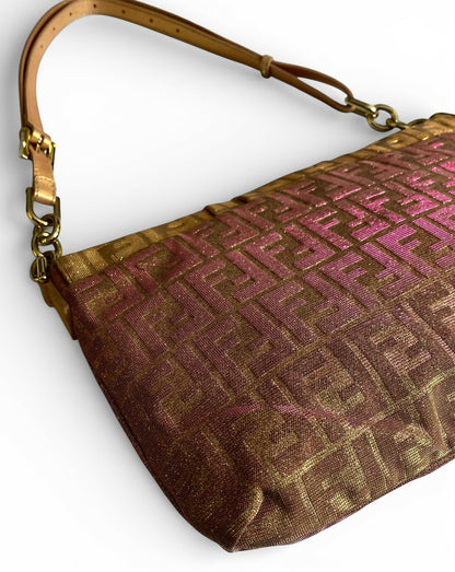 Limited Edition Fendi Zucca Baguette Metallic Pink Gold Iridescent Large Mia Bag