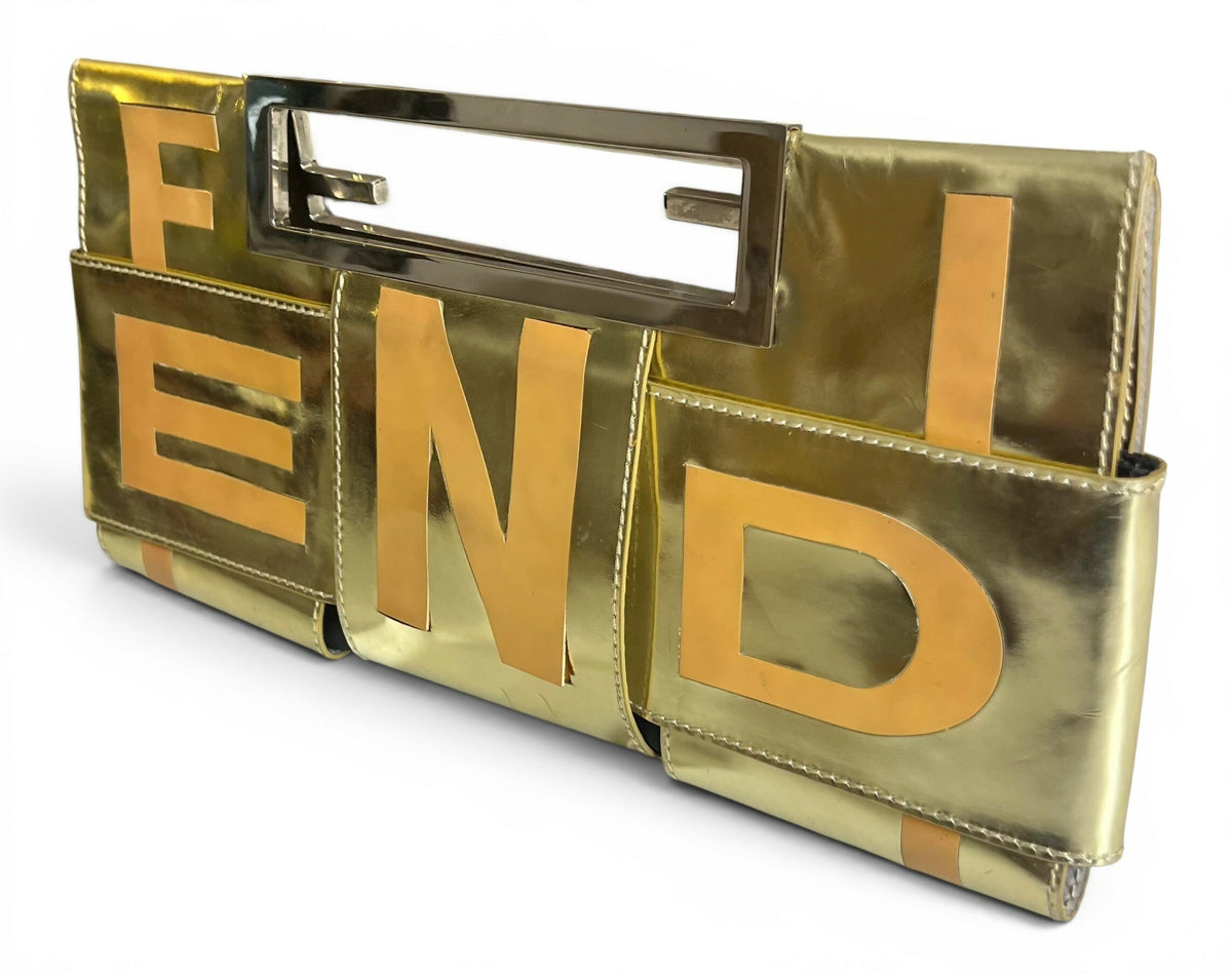 Rare Vintage Fendi 2007 Limited Edition Metallic Gold Patent Leather Crossword Clutch Bag