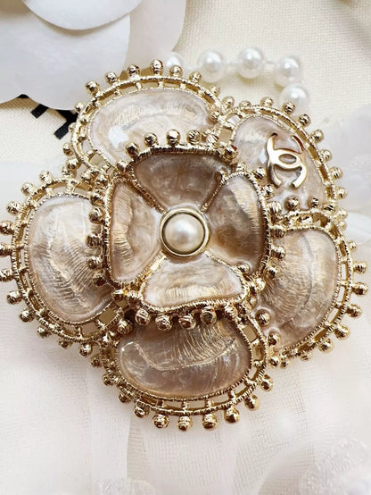 CHANEL 23K pink enamel flower pearl brooch