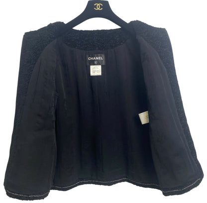 Chanel 14A Runway Supermarket Collection Black Boucle Silver Metallic Braided Trim Jacket 42
