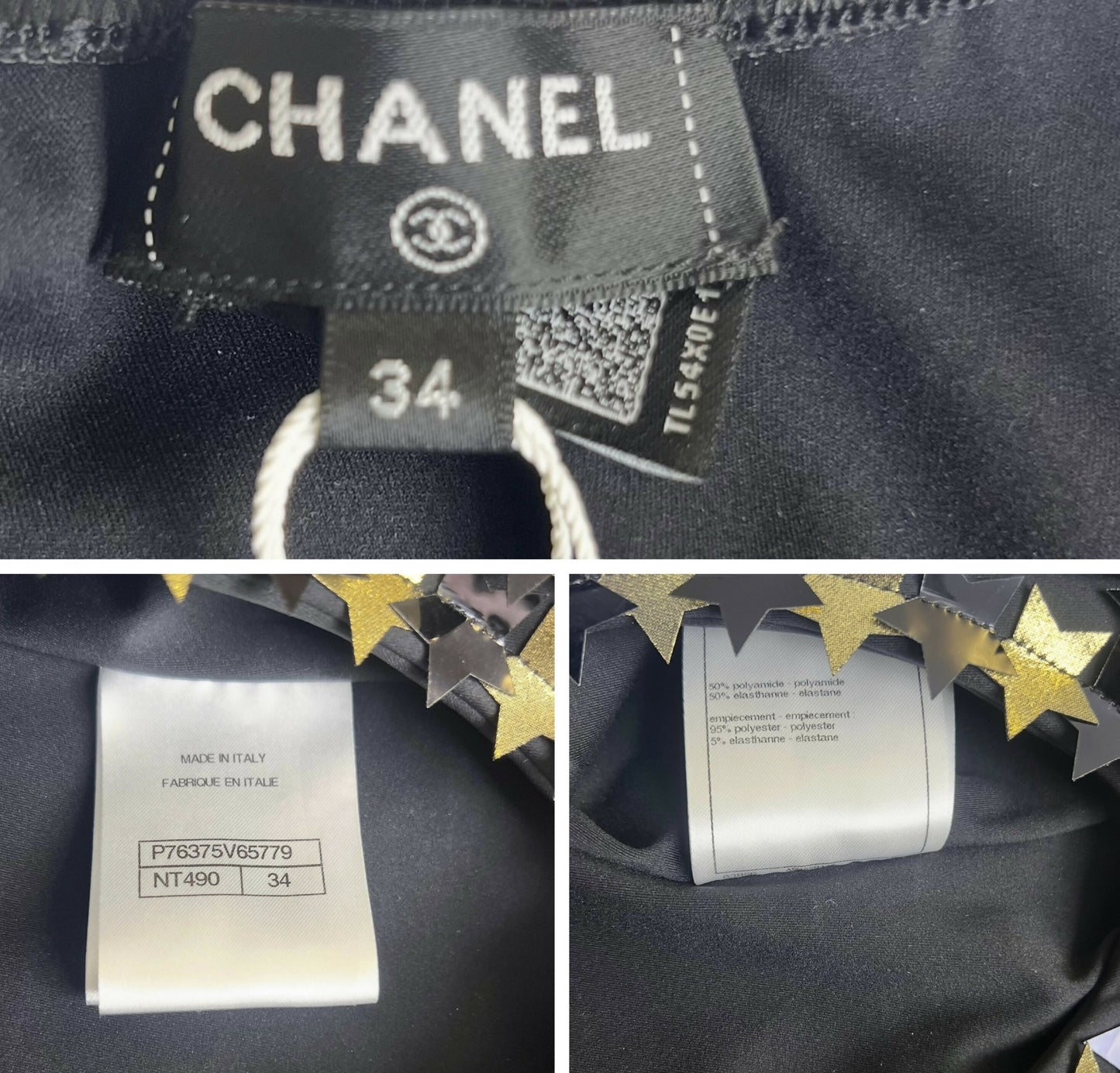 CHANEL 24C RUNWAY NEW TAGS BLACK GOLD STAR APPLIQUÉ SWIMSUIT FR 34