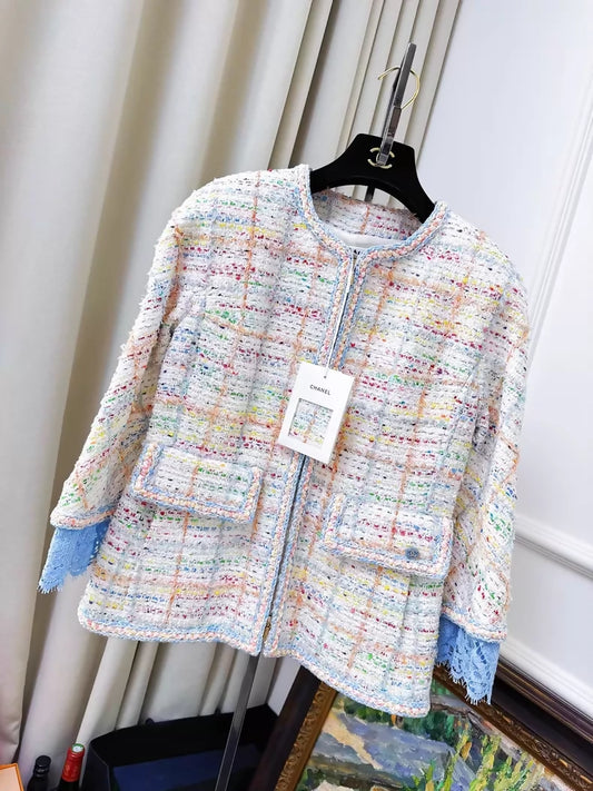 CHANEL 19S Colourful Check Lace-Trimmed Jacket and Dress