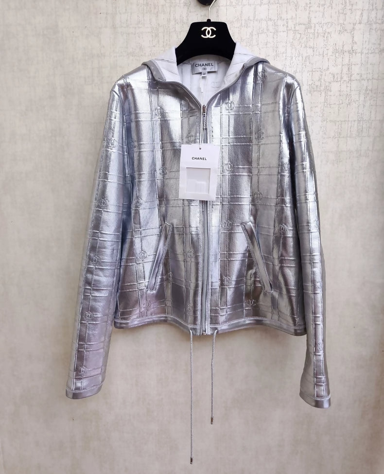 Chanel 25C silver rhinestone zipper full logo hooded jacket