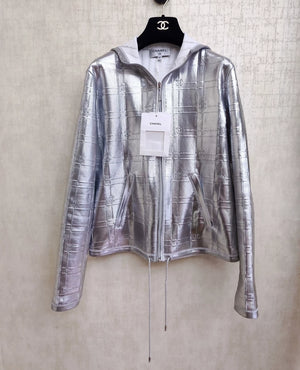 Chanel 25C silver rhinestone zipper full logo hooded jacket