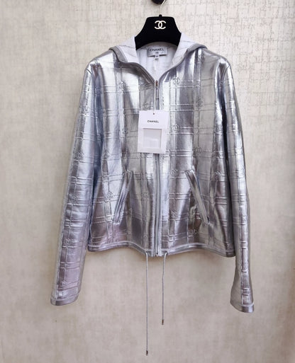 Chanel 25C silver rhinestone zipper full logo hooded jacket