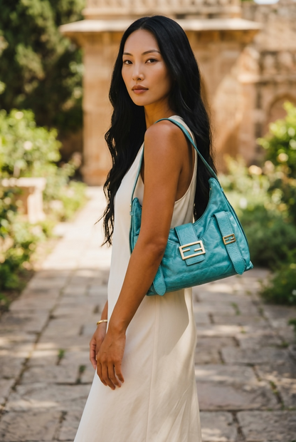 Rare Vintage Fendi Metallic Tiffany Blue Leather Sweet Hobo Baguette Bag SHW