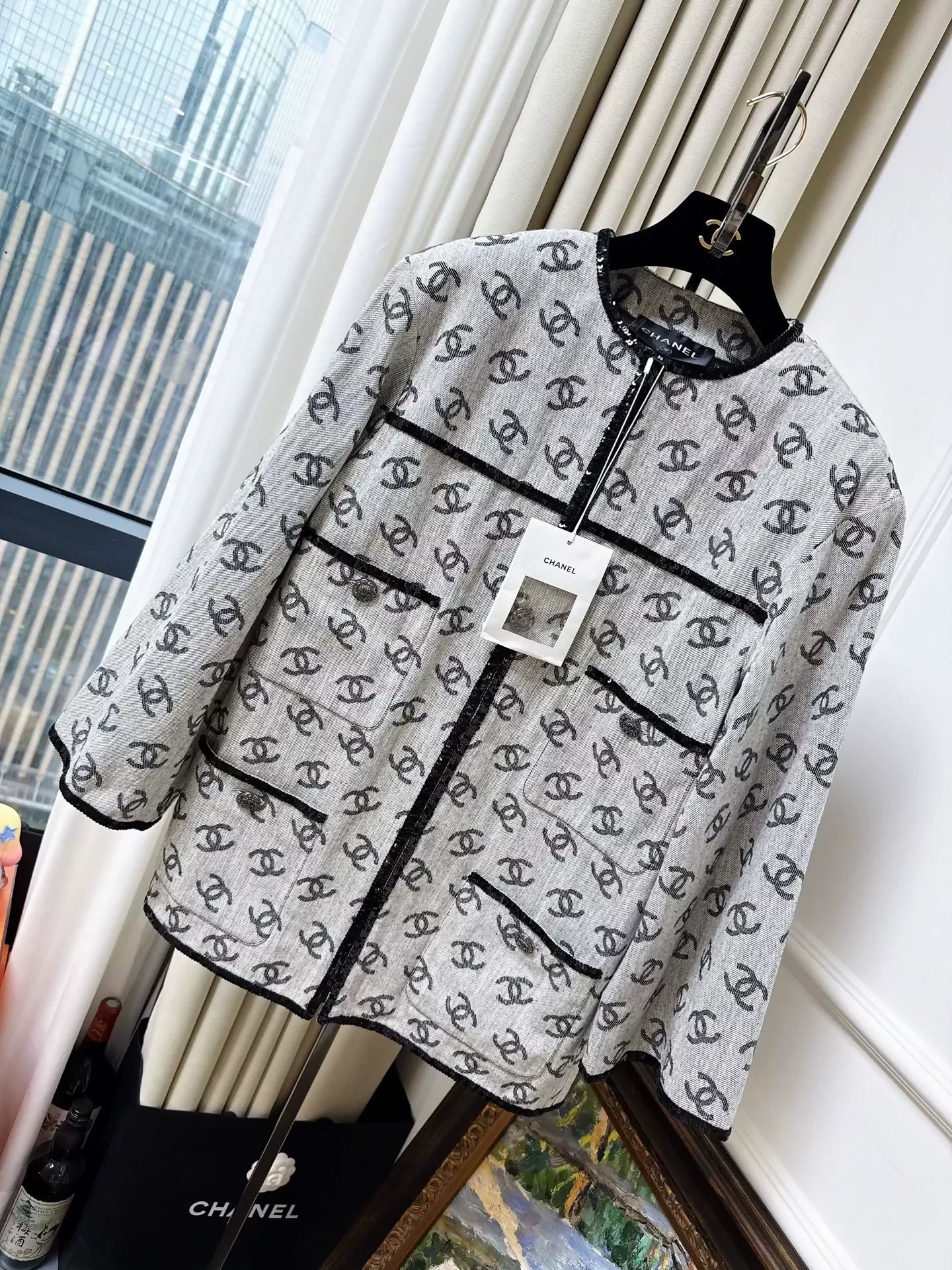 Chanel 22S gray denim jacket with full double C logo print