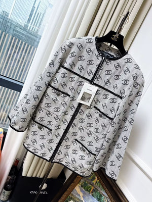 Chanel 22S gray denim jacket with full double C logo print
