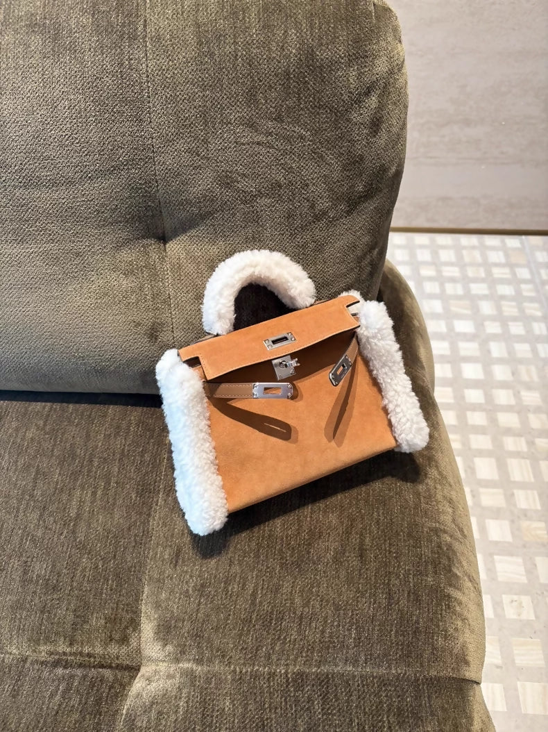 Hermès Kelly Mini Teddy Plush Shearling Chamois/Ecru/Alezan Palladium Hardware