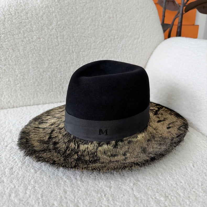 Maison Michel Color Block Rabbit Fur Wide Brim Hat