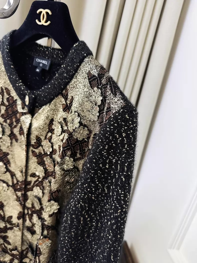 Chanel 25a Black and Gold Floral and Bird Embroidered Knit Cardigan