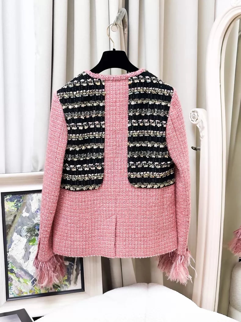Chanel 22A tweed pink feather cuffs jacket