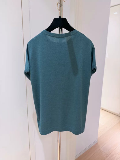 Brunello Cucinelli BC Peacock Green Shimmery Cashmere Knit Short-Sleeve T-Shirt