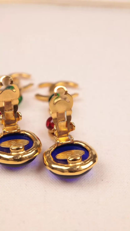 Chanel 1992 Blue Glass CC Pendant Long Clip-on Earring