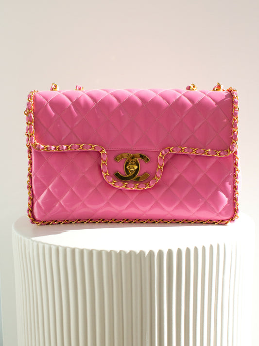 chanel vintage barbie 1995 pink patent gold chain jumbo xl bag 2