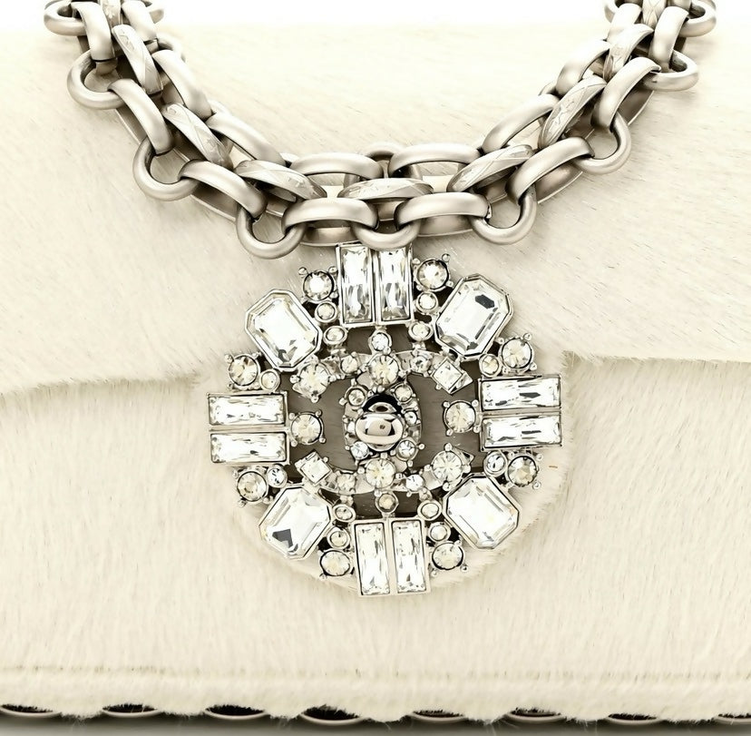 Ultra Rare Chanel 08A Huge Swarovski CC White Pony Classic Medium Flap Bag