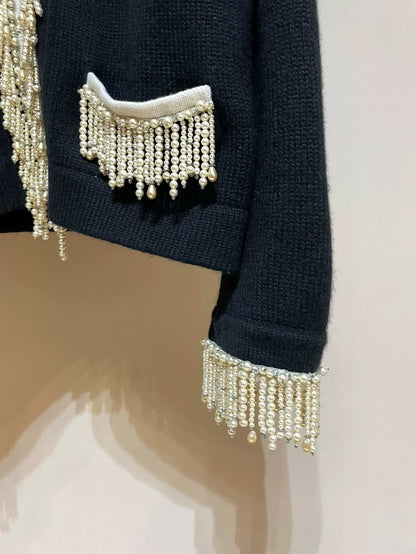 Chanel 21k embellished pearl and rhinestone button blue knit cardigan