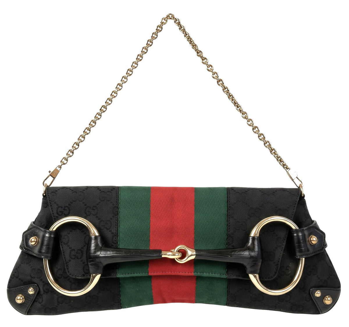 Gucci Large 1955 Tom Ford Classic Black Red Green GG Monogram Horsebit Clutch Handbag Gold hardware