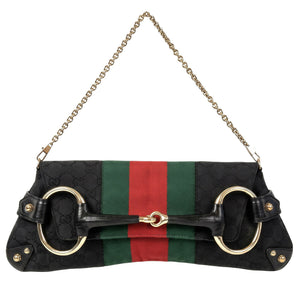 Gucci Large 1955 Tom Ford Classic Black Red Green GG Monogram Horsebit Clutch Handbag Gold hardware