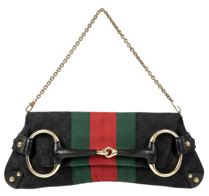 Gucci Large 1955 Tom Ford Classic Black Red Green GG Monogram Horsebit Clutch Handbag Gold hardware