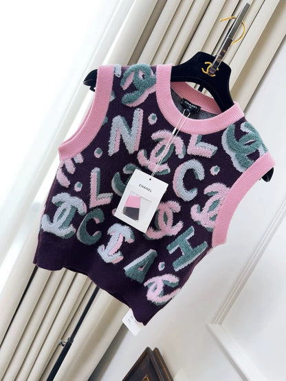 Chanel 22N pink and purple full logo ski series knitted top