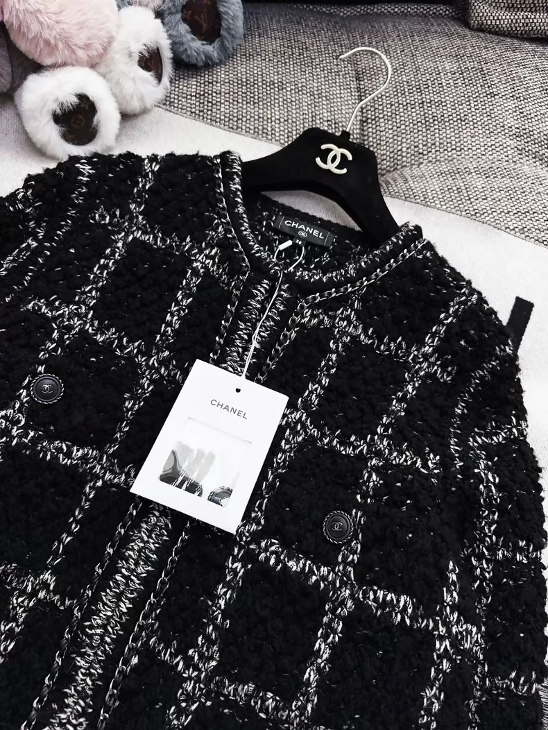 Chanel 19B black checkered chain-trimmed woven wool coat