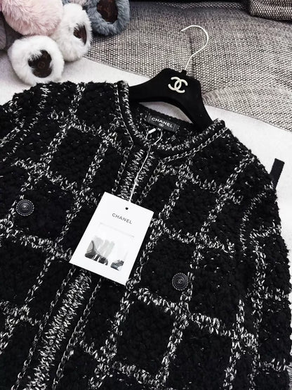 Chanel 19B black checkered chain-trimmed woven wool coat
