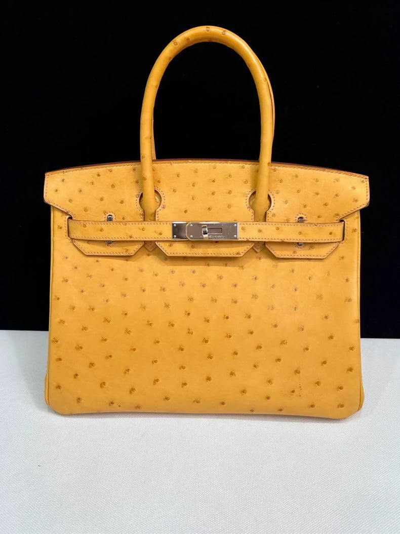 Hermes Birkin 30 Jaune Ambre ostrich leather palladium hardware