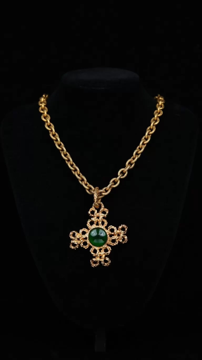 Chanel 1993 gold lava green glass cross necklace