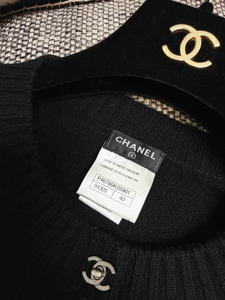 Chanel 13b black cashmere knit cardigan, with silver CC buttons