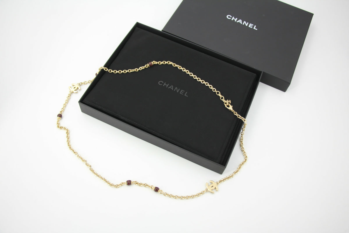 Chanel 23A Metal Enamel Burgundy Long Necklace
