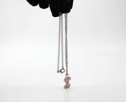 Chanel Vintage 04P Enamel Peach Pink CC Silver Chain Necklace