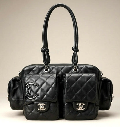Chanel 2005 Small Cambon Reporter Black Lambskin Handbag SHW