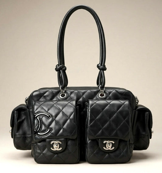 Chanel 2005 Small Cambon Reporter Black Lambskin Handbag SHW