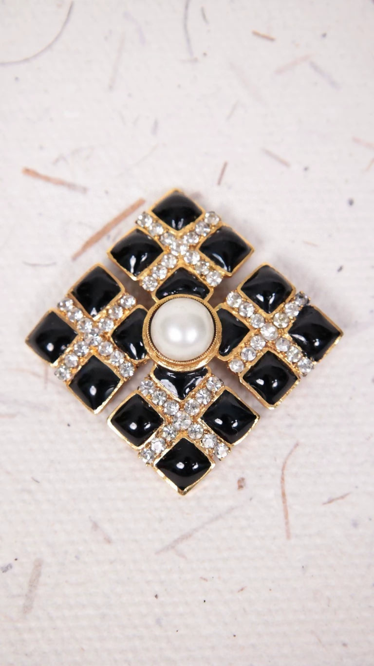 Chanel Black Glass Rhinestone and Pearl Quadrilateral Brooch