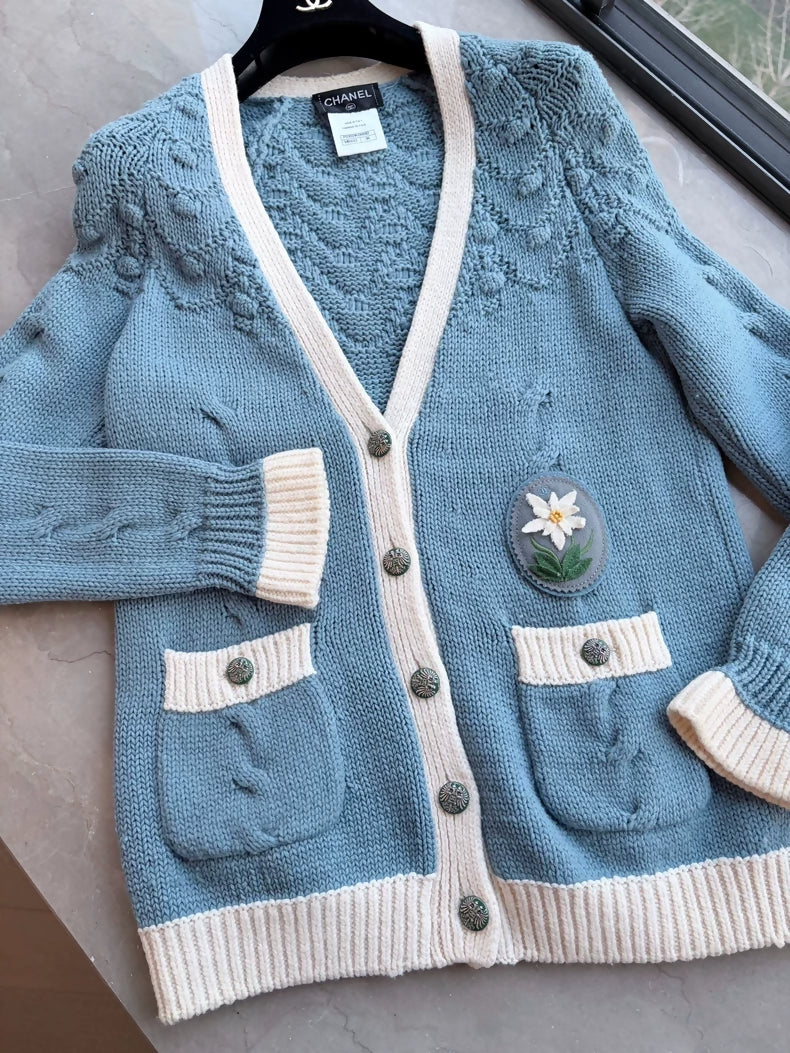 Chanel 2015 Blue Cashmere Badge Cardigan