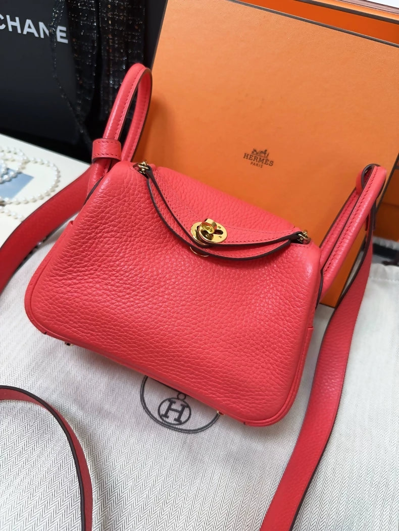 Hermes Mini Lindy bag gold hardware Texas pink