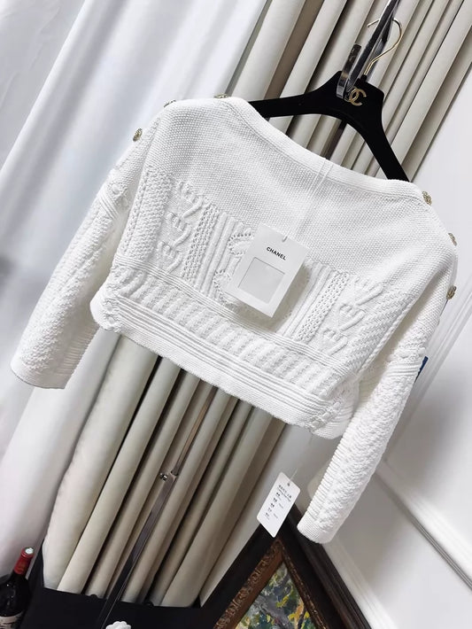 Chanel 20P White Double C Jacquard Knit Off-Shoulder Top