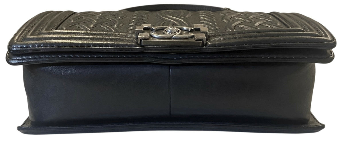 Chanel 13A Edinburgh Black Lambskin Medium Embossed Celtic Knot Boy Flap Bag