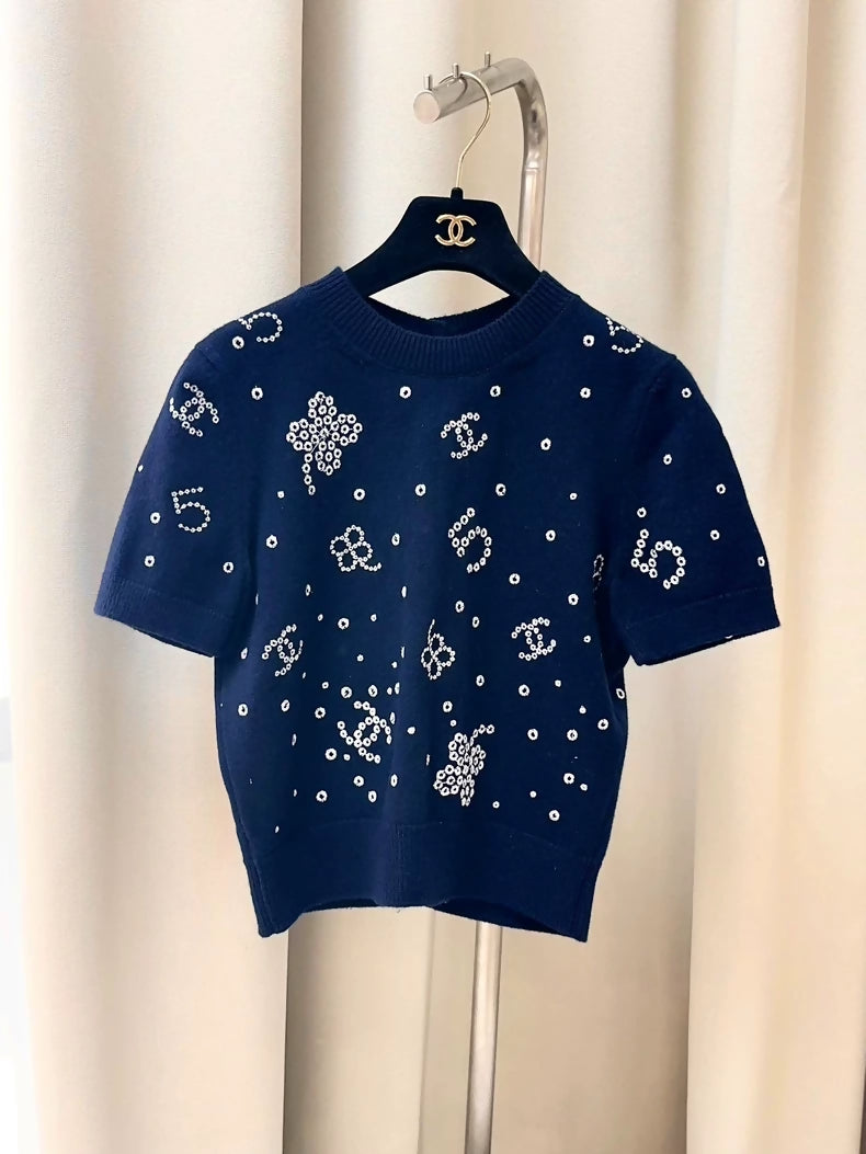 Chanel 24P navy blue, multi-element, knit cardigan.